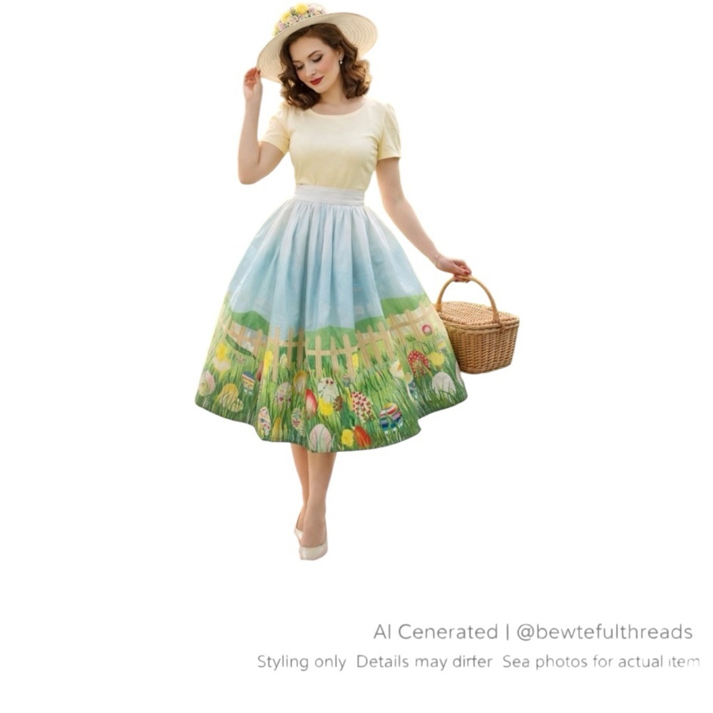 Easter Egg Print Circle Skirt Cottagecore Pin-Up Spring Picnic M